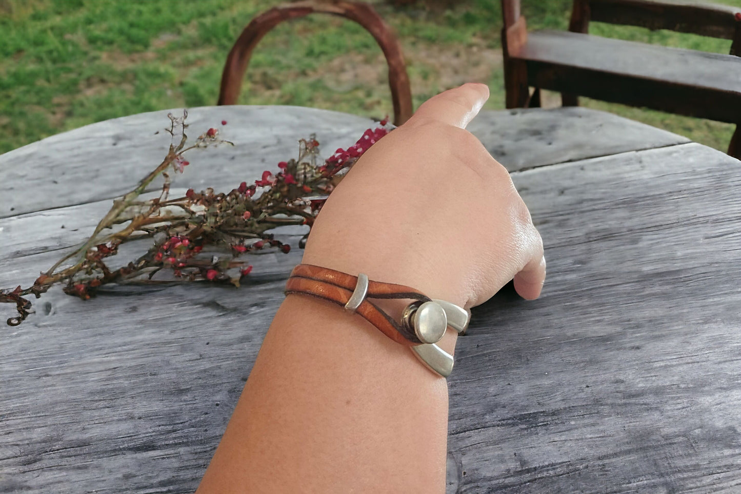 Bracelet en cuir camel et argenté