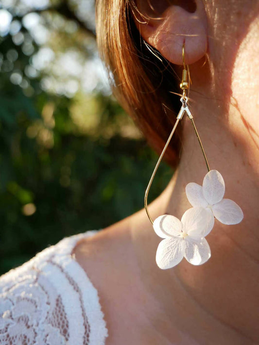 Boucles d'oreilles Goutte duo d'Hortensia blanc
